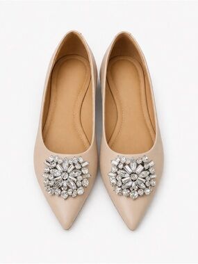 Beige Pointed Toe Flats Rhinestone Embellished Elegant Size 10